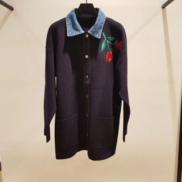 

women rose embroidery coat turn down collar casual loose long sleeve single breasted knitted jacket, White