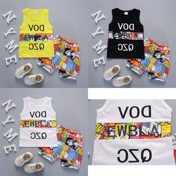 

2019 cool and refreshing style summer cotton round collar comic stitching pattern with vest and shorts two pieces for boys and girls, White