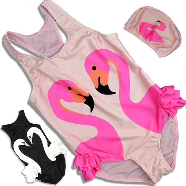 

women's swimwear s-4xl flamingo swimsuit girl kids swan swim suit hat boys child one piece 2021 children summer baby bathing for girls, White;black