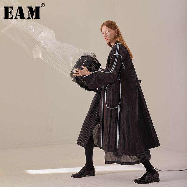 

eam] 2019 new spring summer v-neck long sleeve spliced hit color button personality windbreaker women trench fashion tide jy041, Tan;black