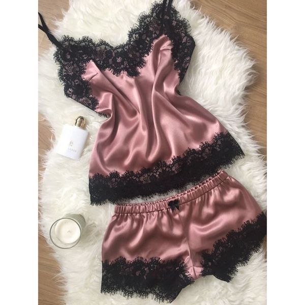 

new pajamas sets lace silk sleepwear women satin lingerie nightwear v neck nightdress + shorts night suit ladies nightgown, Blue;gray