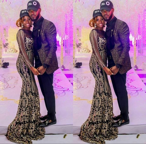 

Gold Mermaid Evening Dresses Black Girls Sequined Prom Dress Long Sleeve Evening Gowns robe de soiree Abendkleider