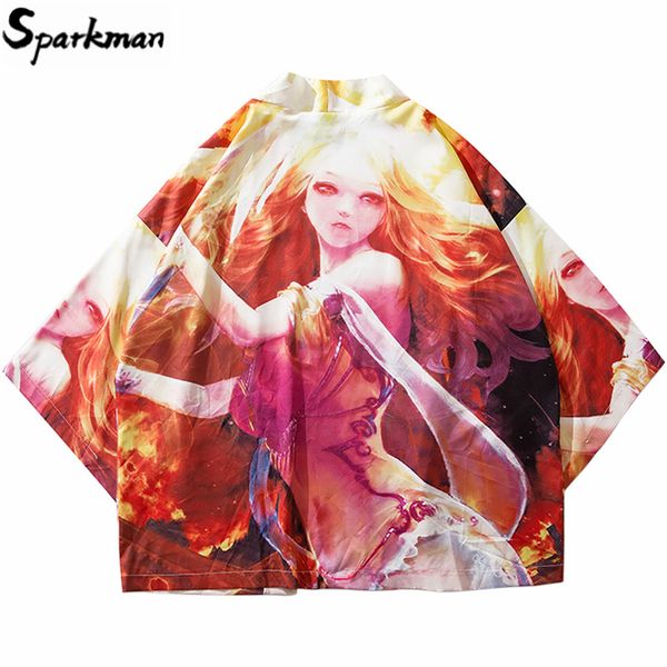 

2019 японский кимоно куртка огонь gile printed hip hop мужские куртки streetwear лето thin harajuku одежда япония стиль кимоно, Black;brown