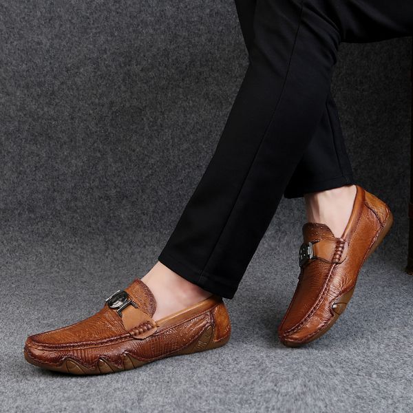 

goodrsson men's loafer shoes crocodile skin genuine cow leather man casual shoes luxury desinger men walking driving footwear, Black