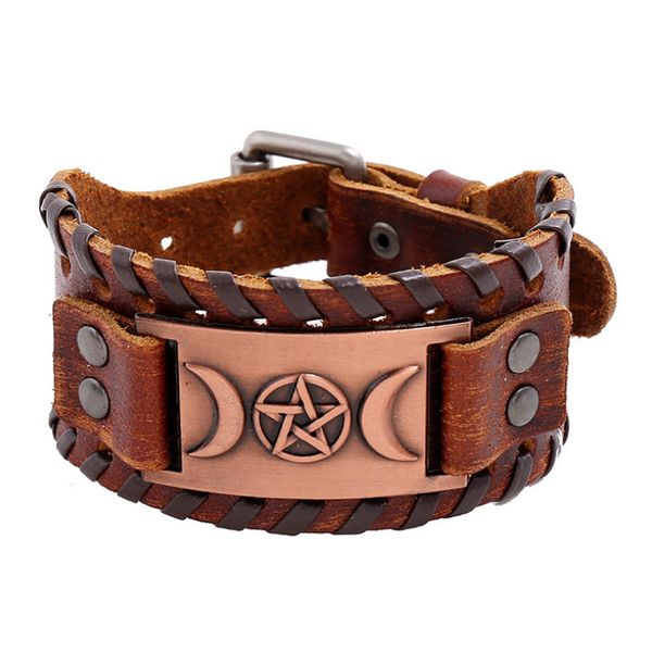 

viking vintage wide genuine leather bracelet retro star moon charm men nordic runes bangle wristbands fashion women punk jewelry, Black