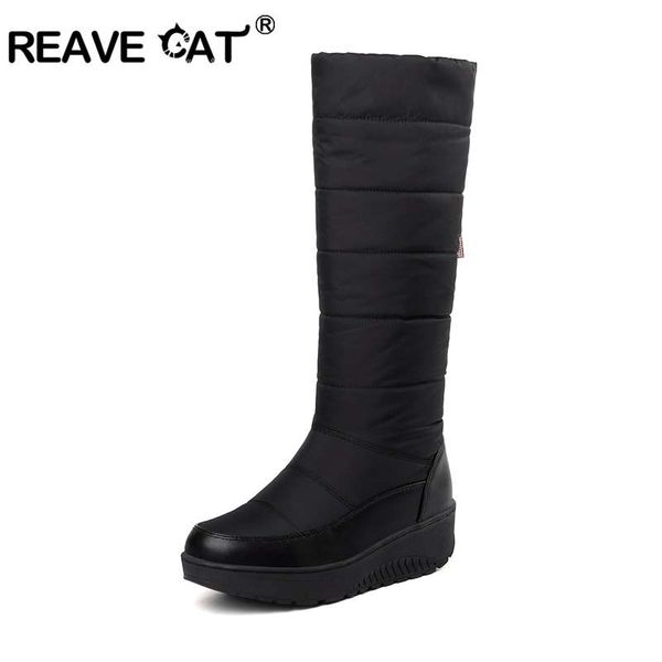 

reave cat snow boots pu down boots mid-calf shoes woman slip-on botas platform trifle wedges footwear botas feminino mujer a1309, Black