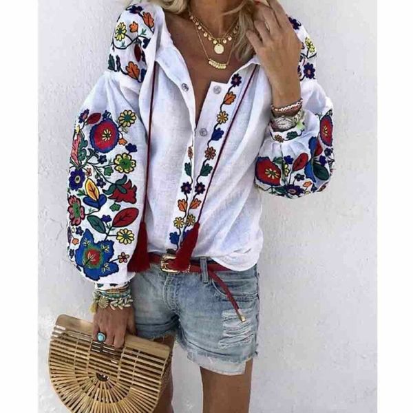 

new women casual flower cotton linen button long sleeve shirt blouse tunic, White