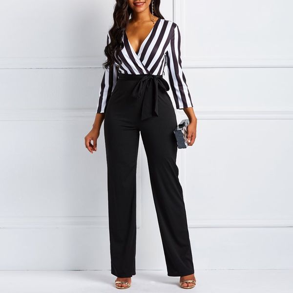 

women jumpsuits casual ladies office lady skinny wide legs stripe black plus size female elegant fashion preppy rompers, Black;white