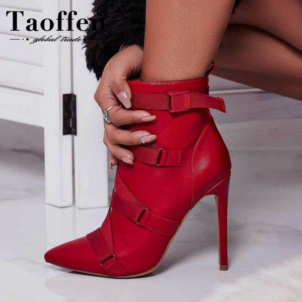 

taoffen women buckle gladiator style fashion ankle boots thin high heels red short boots western style office shoes size 35-40, Black