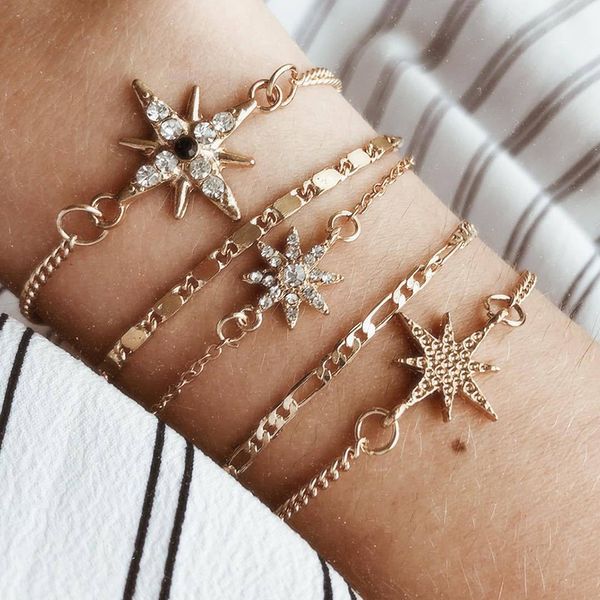 

5шт / set мода полный rhinestone большие звезды прохладный браслет для женщин цепи браслет партии ювелирных изделий золотые браслеты, White