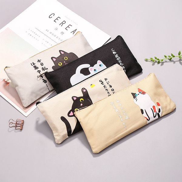 

pencil bag cute simple cat zipper box canvas pencil case stationery bag large capacity zipper stationery bags