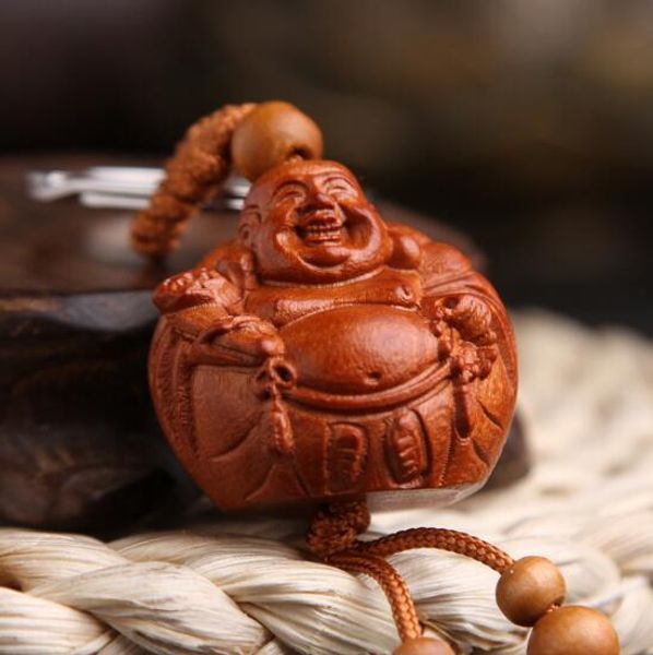 Lächelnde Buddha Pfirsich Holz Schlüsselbund Schlüsselring für Frauen Männer Mode Car Handtaschen Dekoration Schmuck Naturholz Keyrings