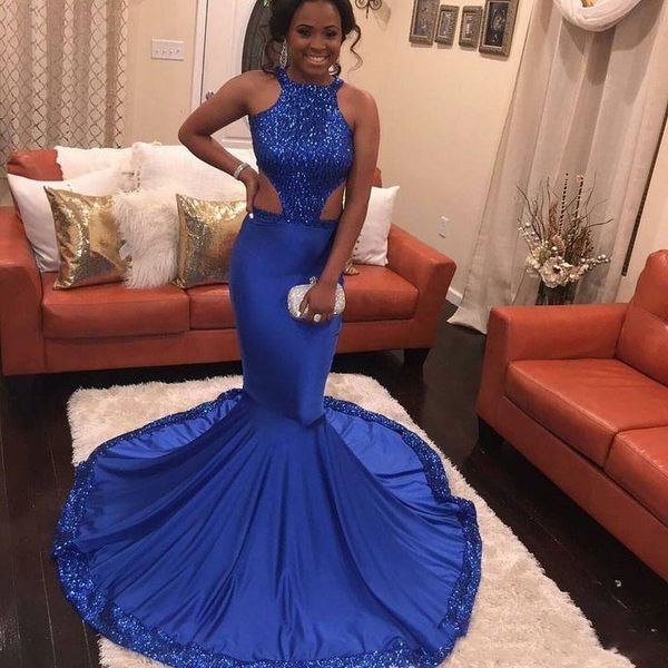 Impressionante Vestidos de Baile Sereia Azul Royal 2019 Lantejoulas Vestidos de Baile Africano Preto Meninas Vestidos de Festa À Noite Vestidos de formatura 8 ª série