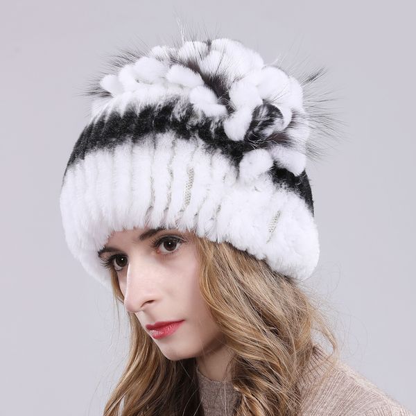 

new russia женщины реальный рекс кролика мех skullies шапки роскошные вязаные цветы подлинная рекс кролика меховая шапка зима реального меха, Blue;gray