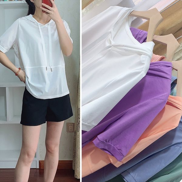 

super thin and beautiful high-count t-shirt mercerized combed double-sided mercerized cotton cotton casual temperament hooded loose short-s, White