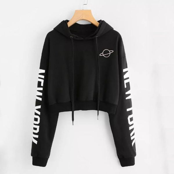 

мода планеты печатный толстовки женщины повседневная пуловер топы с длинным рукавом с капюшоном толстовка letter printed осень весна tops, Black