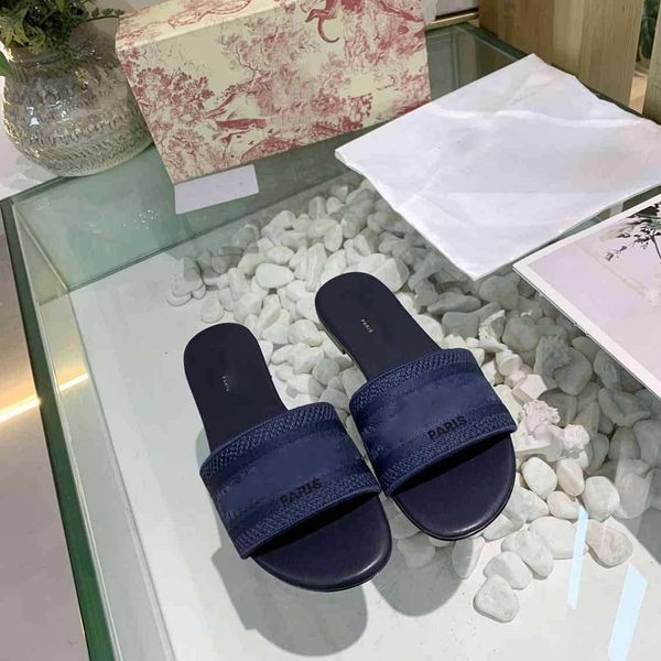 

luxury designer leather ladies sandals summer flat slipper fashion beach woman cartoon embroidered slipper rainbow letters slippers us5-10, Black
