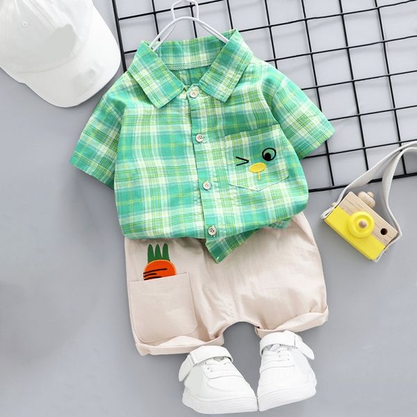 

cotton summer boys clothes 2pcs short-sleeved lapel plaid shirt t-shirt + shorts suit kids clothes for 1-5y, White
