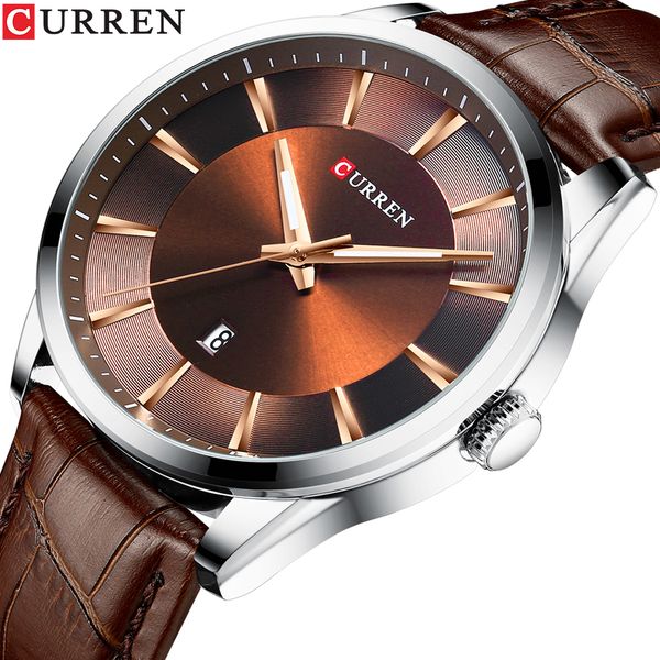 

curren quartz wristwatches simple design mens brown business casual leather watches date clocks fashion erkek kol saati 2019, Slivery;brown