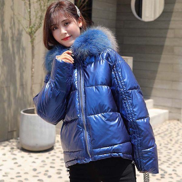 

2019 winter women down cotton padded parka lady jacket hooded faux fur collar shinny parkas female fashion warm coat woman, Black