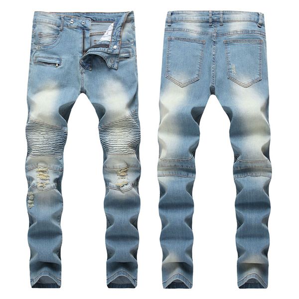 

designer fold light blue straight trousers mens modern slim long distrressed jeans fashion male clothing