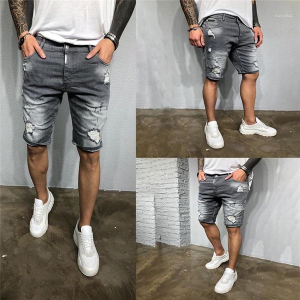 

length pants casual vintage washed distrressed jeans men ripped jean shorts summer thin slim fit knee, Blue