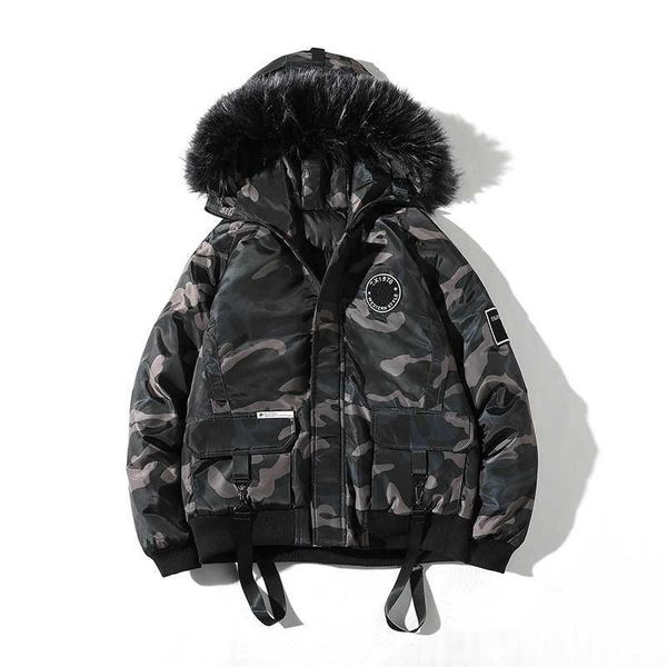 

men winter parka fashion warm short jackets fur collar hooded outwear military camouflage windbreaker brand male clothe m-3xl, Black
