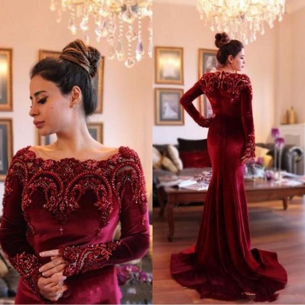 

amazing burgundy mermaid evening prom dresses velvet scoop neck long sleeves with pearls designer sweep train formal gowns runway, Black;red