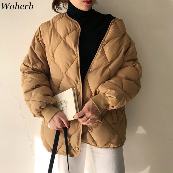 

woherb мода женщин ветровки в 2019 году зимняя хлопка-ватник фугу куртка пальто леди повседневная корейский твердый теплый плед пальто chama, Black