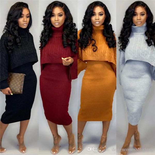 

ladies two pieces outfits high neck long sleeve solid color 2pcs sweaters fashion plus size female clothing, White