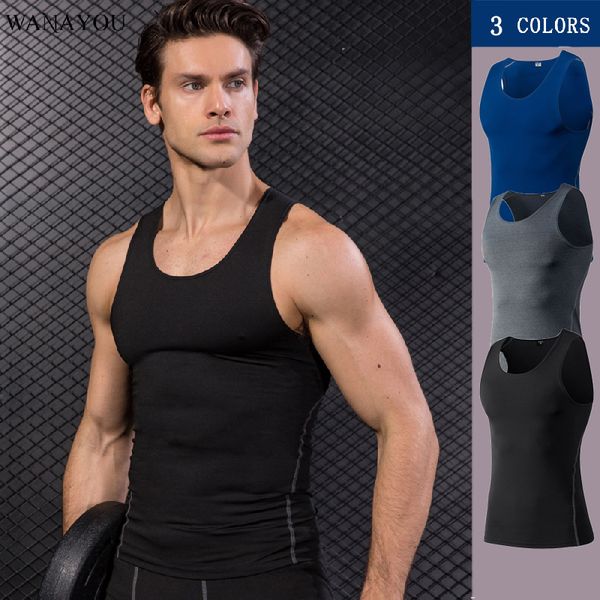 

wanayou m-xxxl men quick drying training sports vest tight compression running shirts breathable gym fitness workout tank, Black;blue