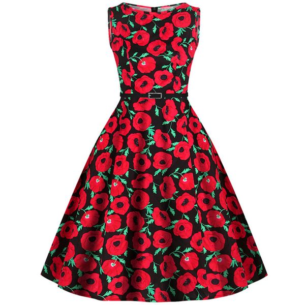 

hepburn vintage series women dress 2020 summer female red rose flower blue peacock printing design sleeveless belt retro dresses, Black;gray
