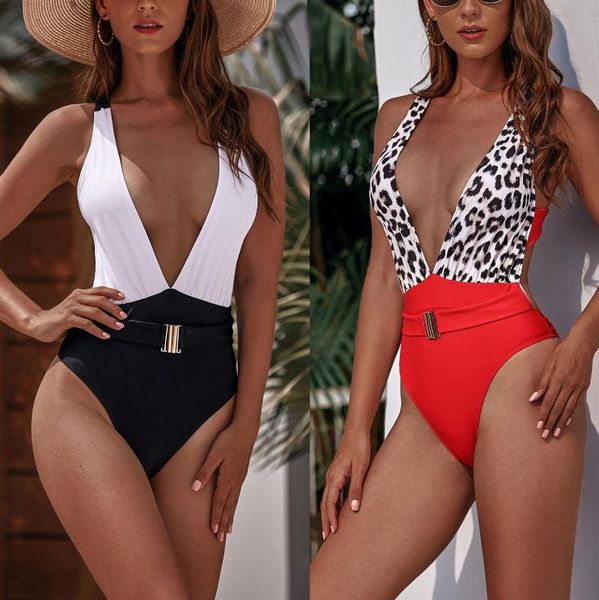 

2019 women's swimsuit women's bikini leopard print swimwear deep v print beach wear