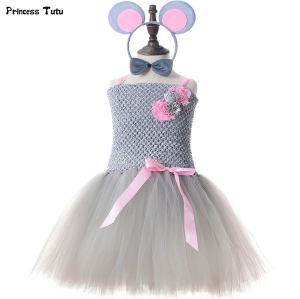 

little mouse tutu dress gray pink tulle flower kids tutu dresses for girls birthday party clothes girls halloween costume 1-14y, Red;yellow