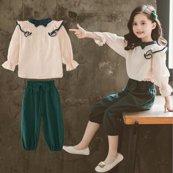 

girls fall outfits 2019 autumn teenage girls 2pcs sets bow shirt with loose pants children clothes, White