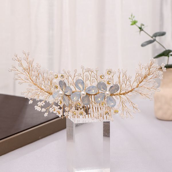 

forseven women girl bride noiva wedding party gold metal flower crystal simulated pearls hair combs tiaras decorative jewelry, Golden;white