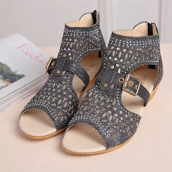 

2019 новых женщин лета out римские сандалии назад молния алмазные пришивания peep toe клин сандалии, Black