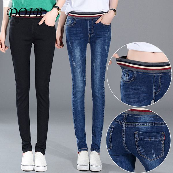 

doib эластичность карандаш брюки vintage высокой талией джинсы женские брюки 2018. полная длина тонкий ccowboy плюс размер 5xl 6xl, Black;white