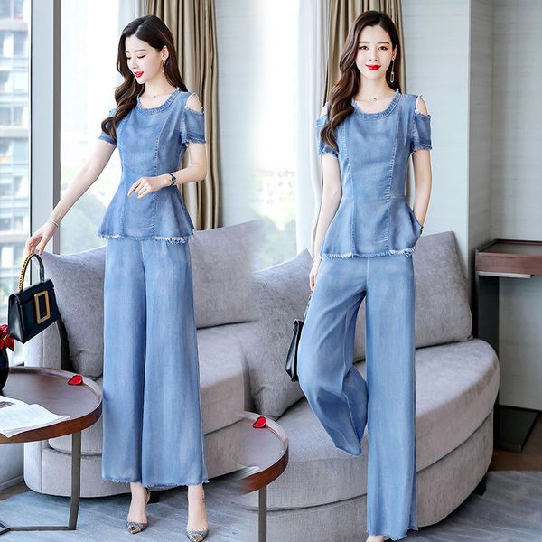 

2020 new women's summer fashion wild trend comfortable simple denim suit, White