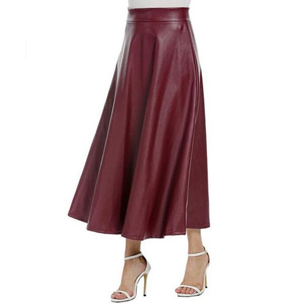 

2019 pu skirt long skirt high waist large swing leather, Black