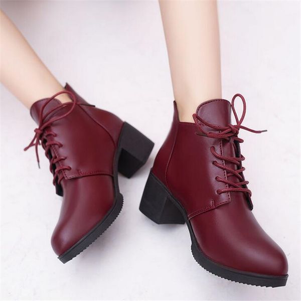 

woman fashion shoes vintage boots thick short boots women leather ankle female winter warm lace-up shoes botas zapatos, Black