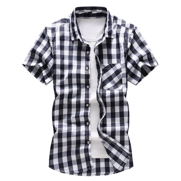 

men's casual shirts plus size 5xl 6xl 7xl plaid shirt 2021 summer style fashion short sleeve brand clothes, White;black