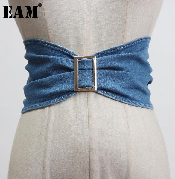 

eam] blue denim pleated buckle split joint zipper wide belt personality women new fashion tide all-match spring 2020 1x060, Black;brown