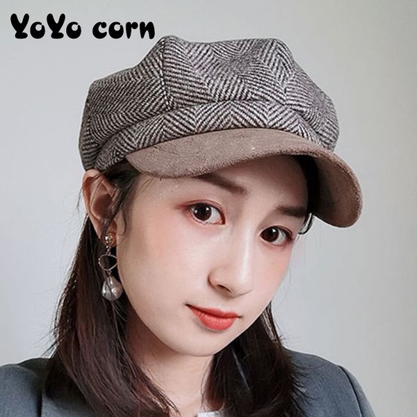 

yoyocorn thickened octagonal cap female spring summer beret color matching stripes british retro casual wild painter hat, Blue;gray