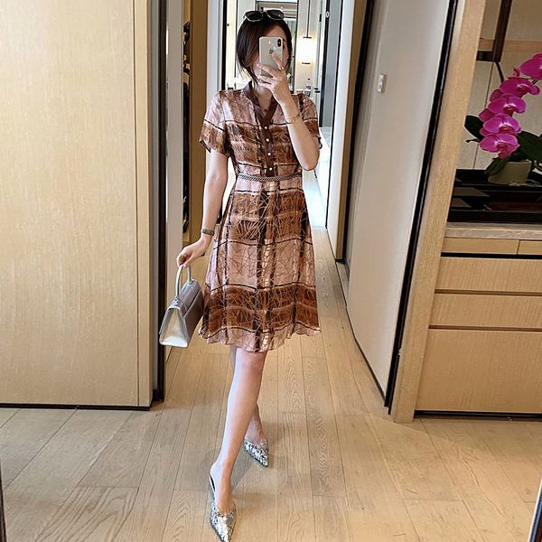 

summer 2020 fashion new women's party casual elegant chic gentlewoman vintage print chiffon dresses knee length, Black;gray