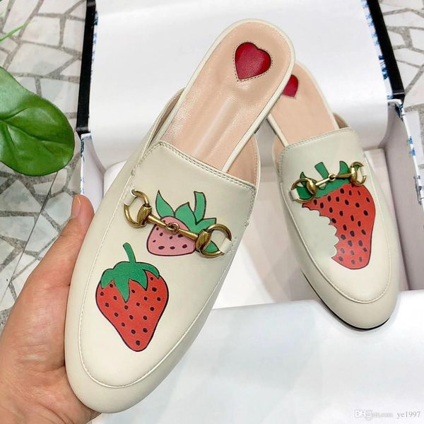 

19 design shoes womens new fashion leather slippers superstar metal buckle strawberry pattern half slippers womens flat sho qy, Black