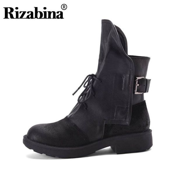 

rizabina winter ankle boots women genuine leather lace up western shoes for women fashion motorcycle fall flats boots size 34-39, Black