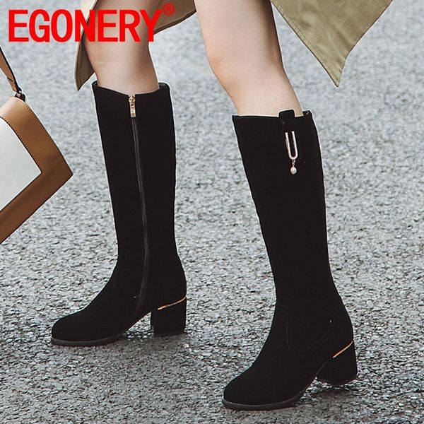 

egonery 2019 winter new knee high boots outdoor high heels round toe flock plus size zip black work women shoes drop shipping