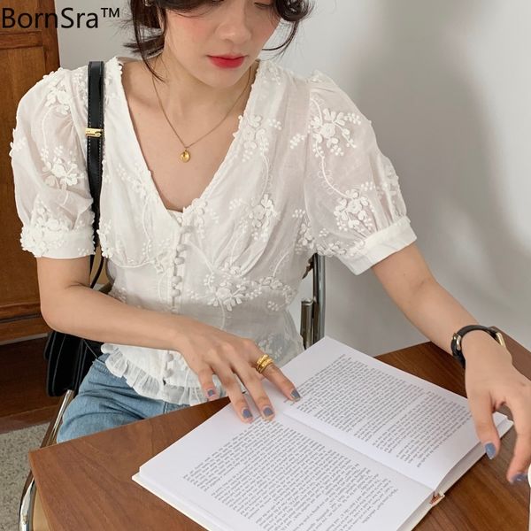 

women's blouses & shirts bornsra summer 2021 regular v-neck floral women blouse short chiffon casual white shirt female