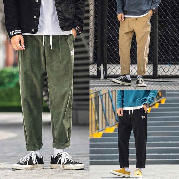 

men's new style corduroy casual retro trousers fashion large pure color pant japan style fashion mens joggers m827, Black